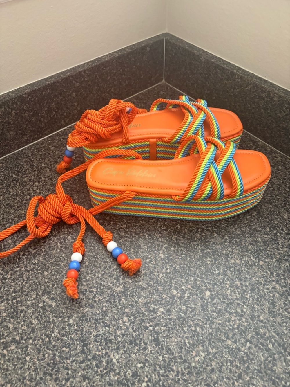 Cape Robbin Orange Platform Sandals with Multicolor Rope Straps